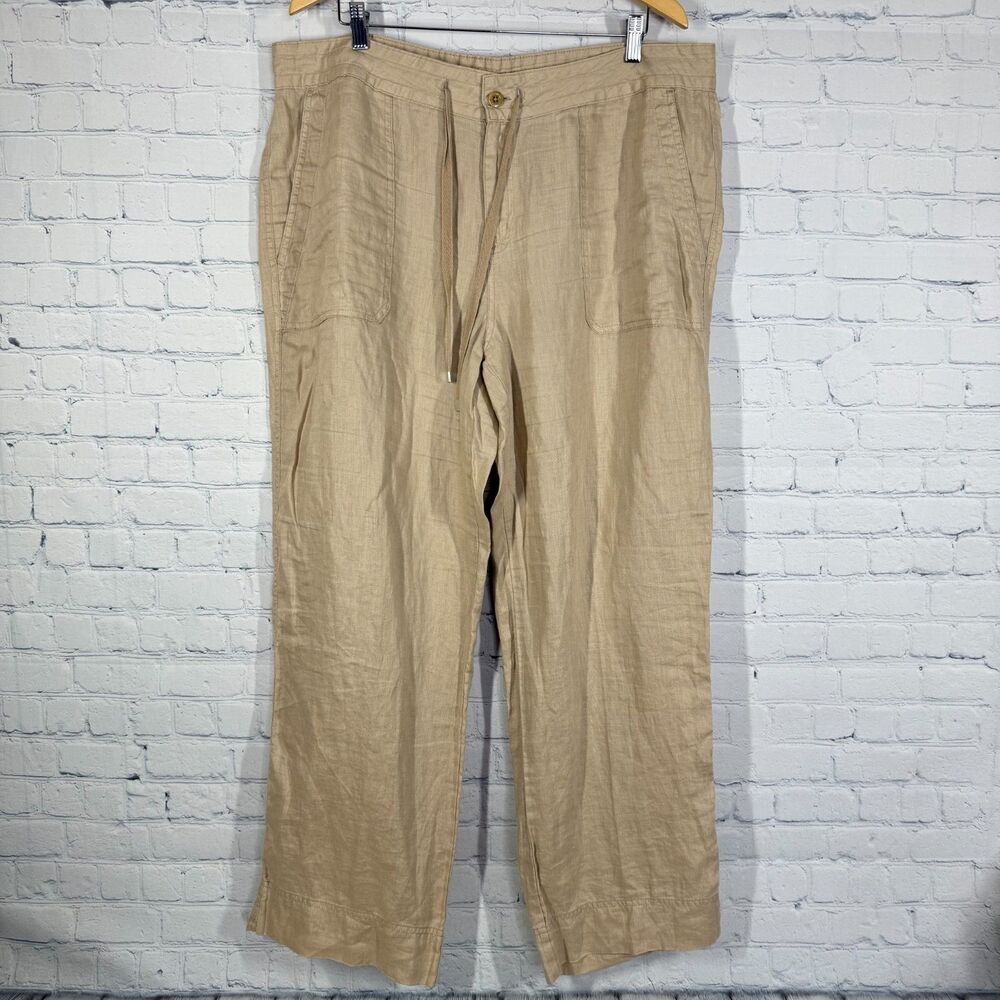 Lauren Ralph Lauren Linen Pants Women 14W Tan Pull On Wide Leg Loungwear Preppy